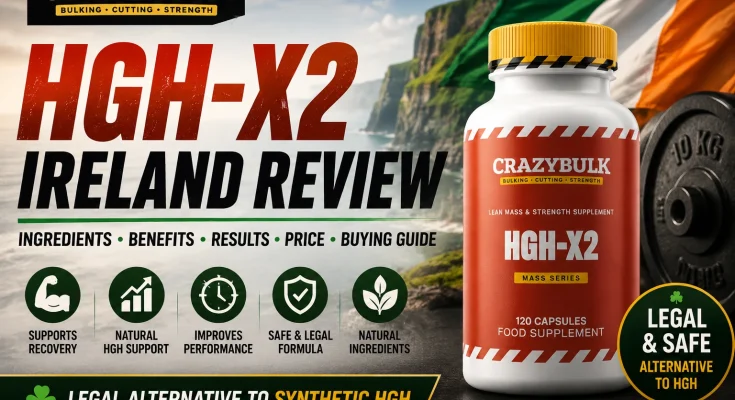 HGH-X2 Ireland review by CrazyBulk with product bottle and Irish landscape